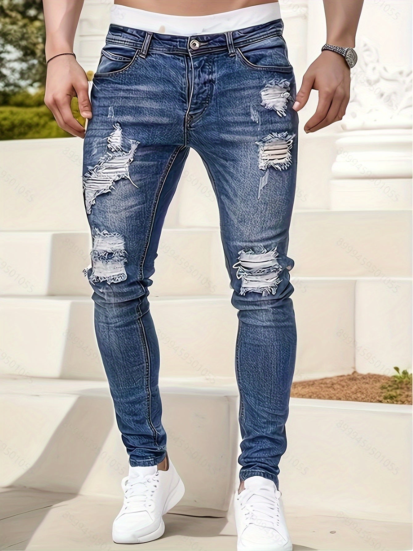 Mens Distressed Skinny Jeans Low Rise With Ripped Detailing For Streetwear Aficionados Edgy Modern Fit