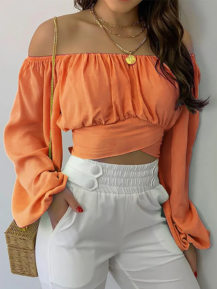 Off Shoulder Crop Top Boho Elegant Long Sleeves With Elastic Neckline Flattering Fit For Women