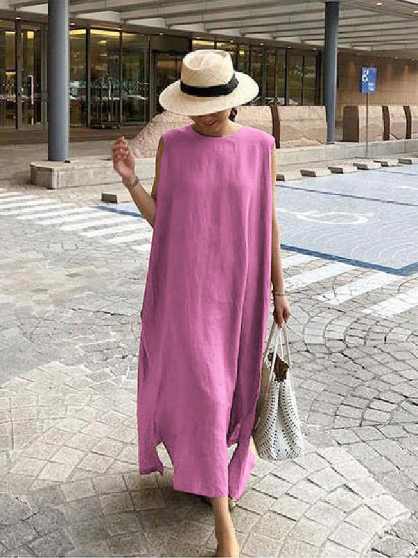 TrendAura Bohemian Linen Cotton Maxi Dress With Side Slit White Floral Print For Women Everyday Comfort