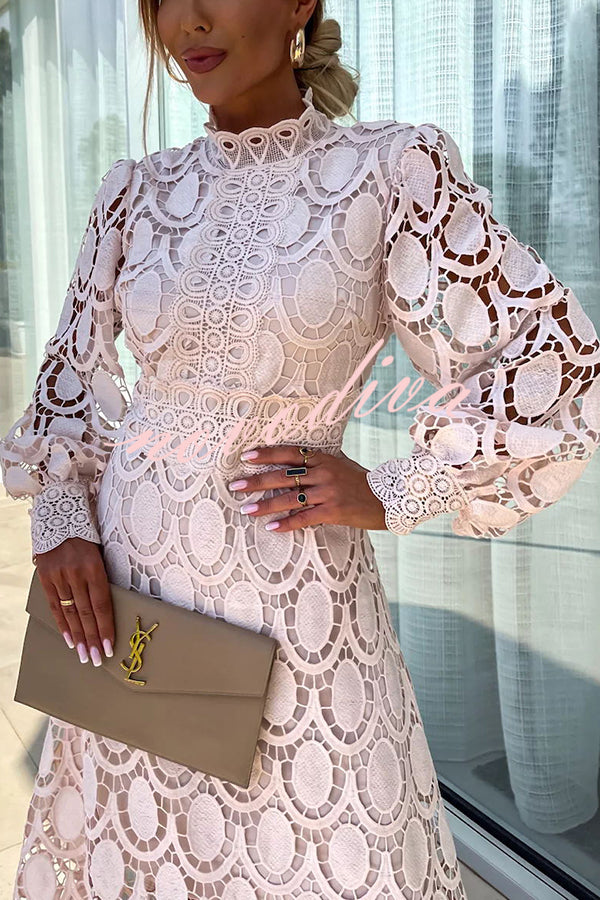 Women's Lace Dress - A-line Fit - Midi Length - Long Sleeves - Elegant Design