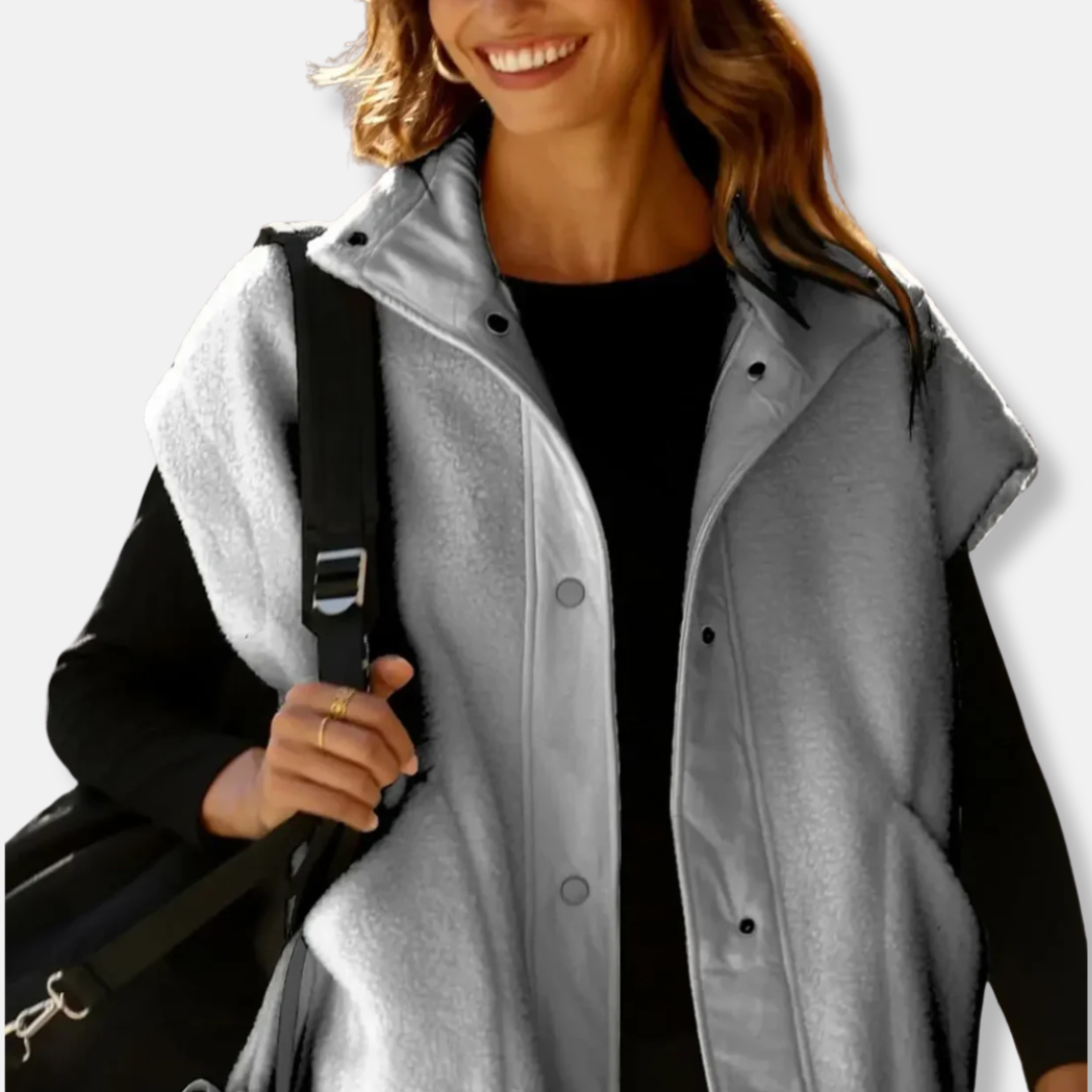 Women’s Vest - Plush Fleece Knit - Oversized Relaxed Fit - Stand-Up Collar - Snap Button Closure