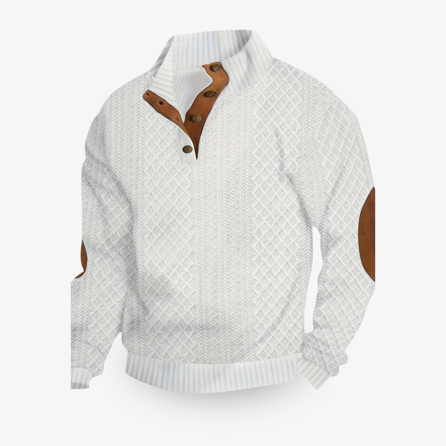 Mens Wool Knit Cable Pattern Sweater With High Collar Button Closure And Elbow Patches Nordic Flair