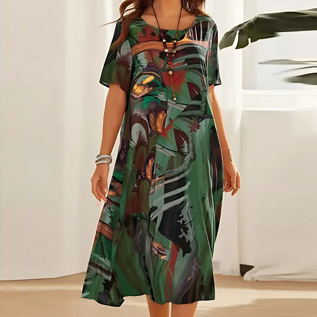 Women's Floral Dress with A-Line Silhouette and Short Sleeves