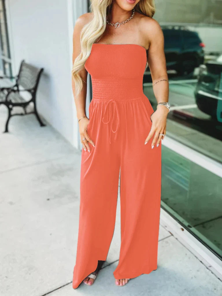 Women's Jumpsuit - Smock Top - Adjustable Waist - Wide Leg - Light and Comfortable