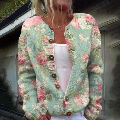 Floral Cardigan For Women Collarless Long Sleeve With Green Flowers Cozy Autumn Fashion Elegance
