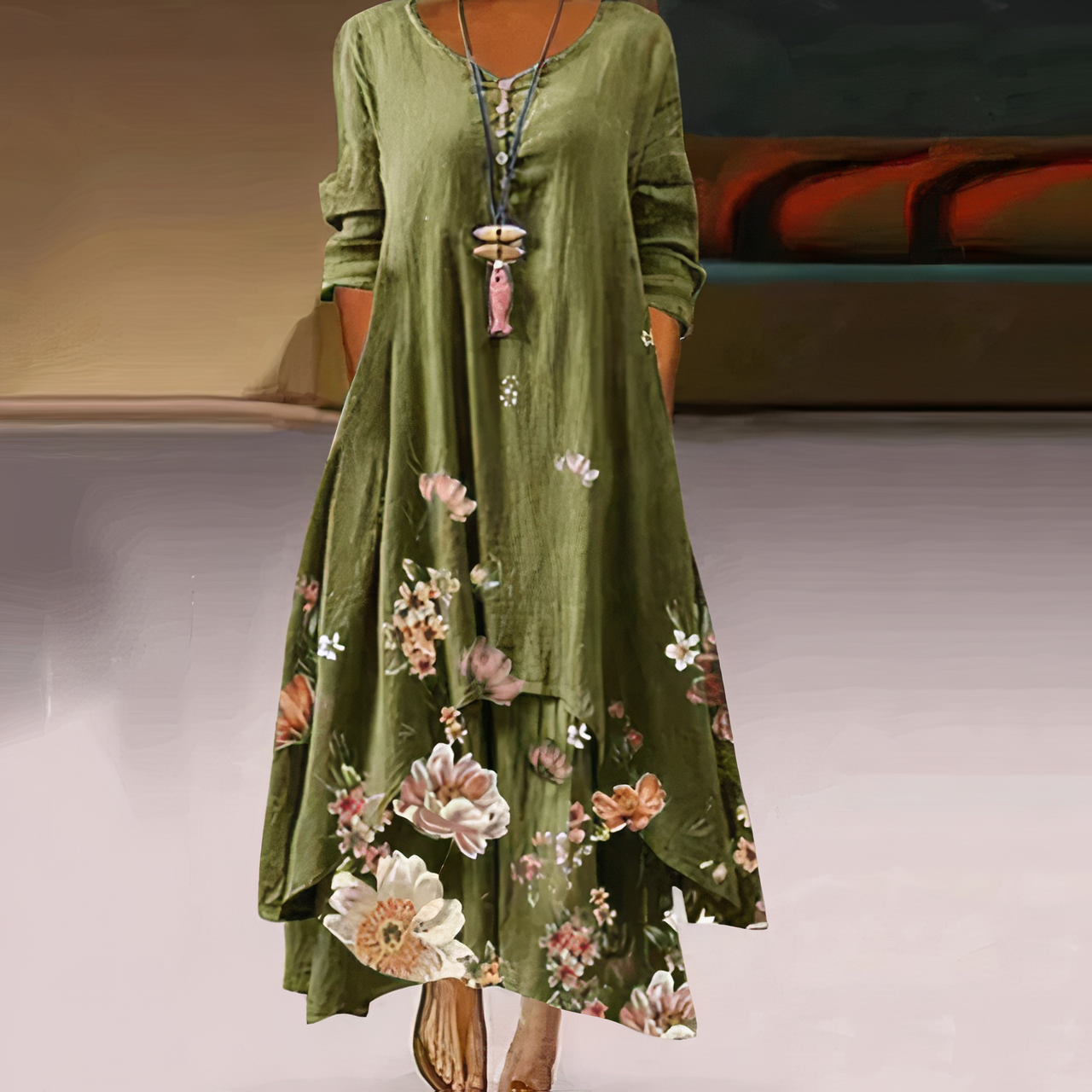 Mica Elegant Cotton Dress For Women With Pockets, Vintage Round Neckline, Long Sleeves