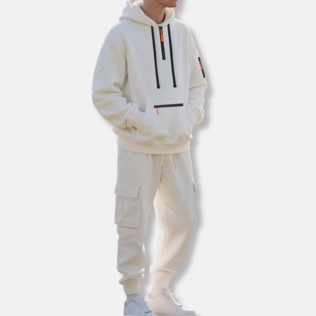 Men's Tracksuit Set With Relaxed Fit Half Zip Hoodie And Cargo Joggers With Drawstring Waist