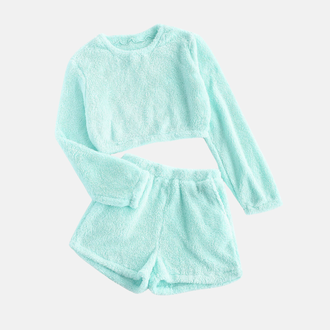 Women’s Two-Piece Loungewear Set – Textured Plush – Cropped Long Sleeve Top – High-Waisted Shorts