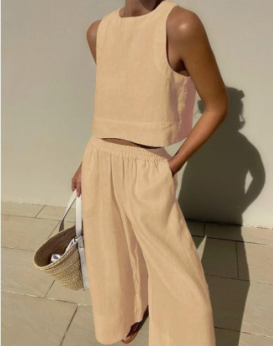 Ursella | Women's set of sleeveless crop top and wide linen pants