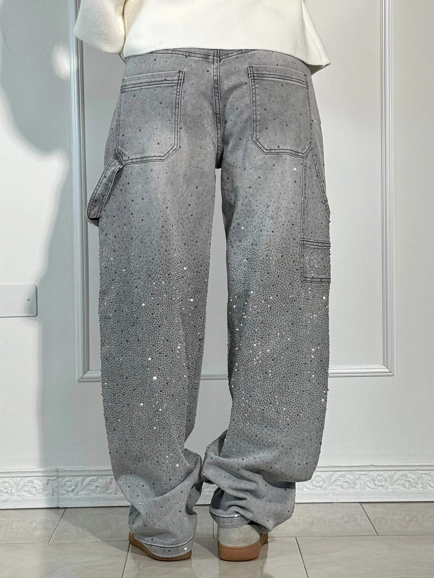 May Fashion Pants Relaxed Fit With Shiny Finishes And Rhinestone Detail For Trendy Women