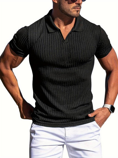 Mens Ribbed Knit Polo Shirt Slim Fit Short Sleeve Casual Stylish Comfortable Everyday Wear