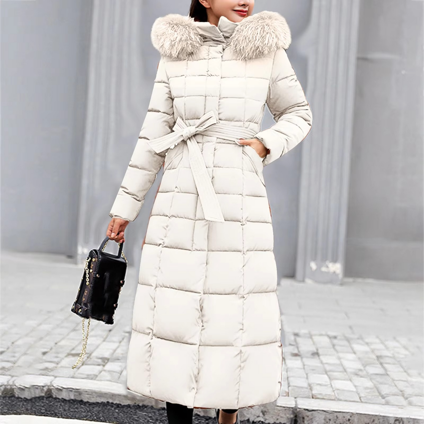 Penina Long Hooded Down Jacket For Women With Faux Fur Hood Elegant Warmth And Style