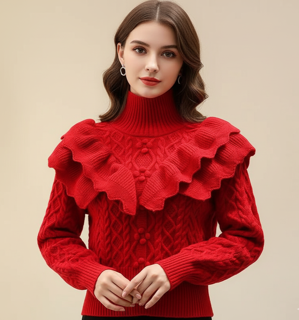 Women's Sweater - Ruffled Shoulder - Cable Knit - High Neck - Chic Style