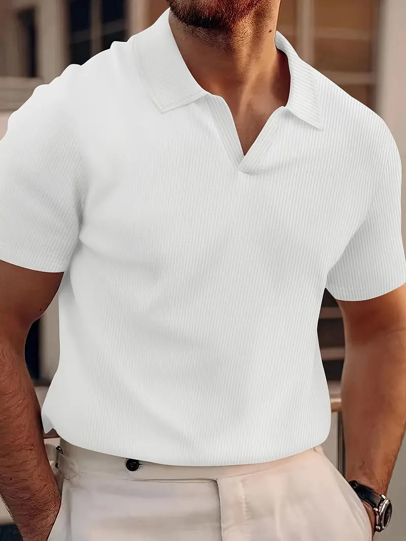 Mens Ribbed Polo Shirt Short Sleeve Versatile Comfort