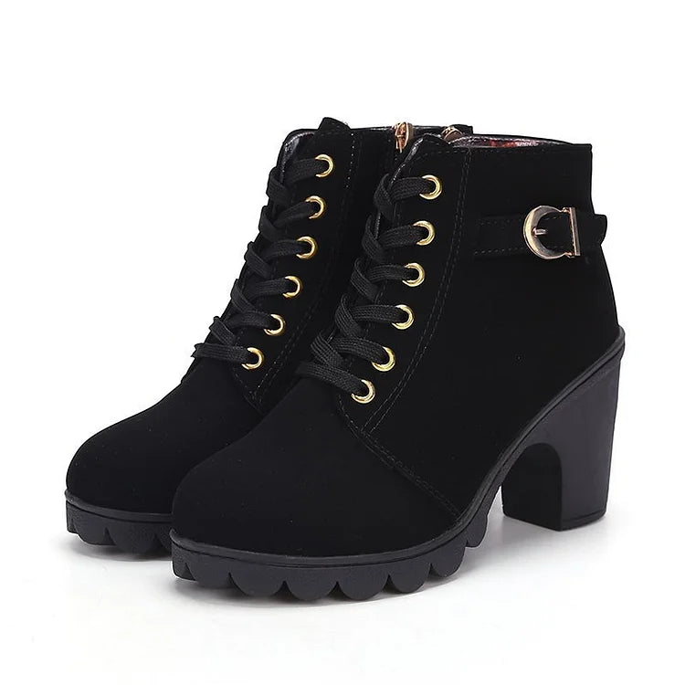 Lunvéra Womens Lace-Up Ankle Boots Waterproof PU Plush Lining Warm Comfort With Stable Square Heel