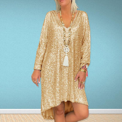 Lauren Sequin Sweater Dress For Women Casual Solid Color Loose Fit With V Neck Chic And Versatile
