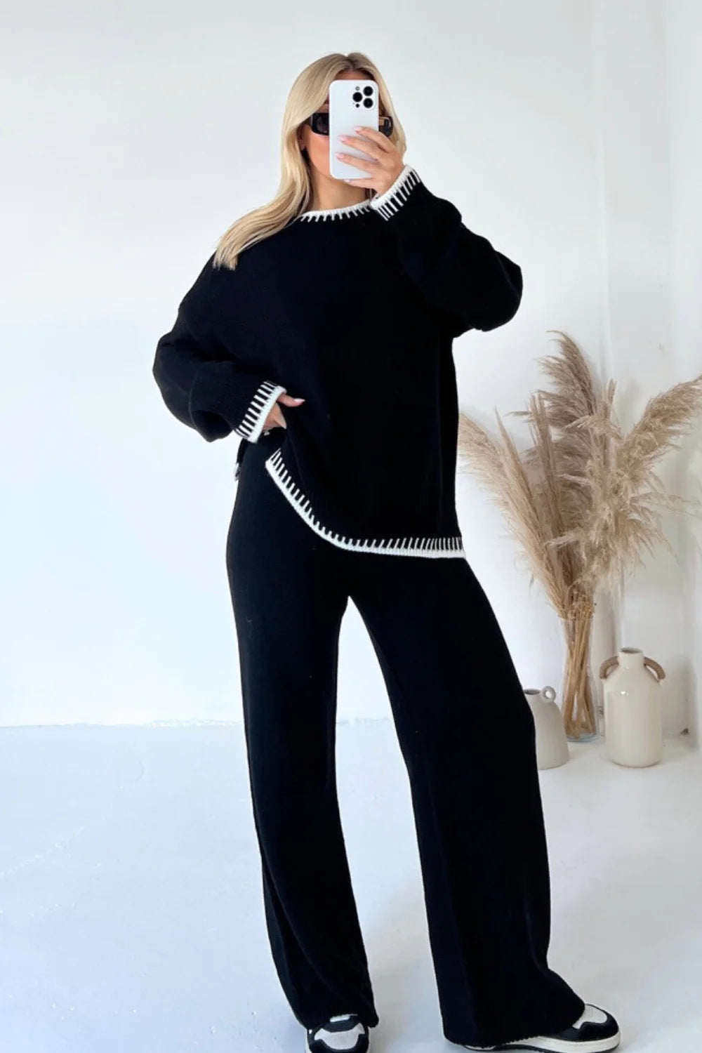Women's knit two-piece set with sweater and pants