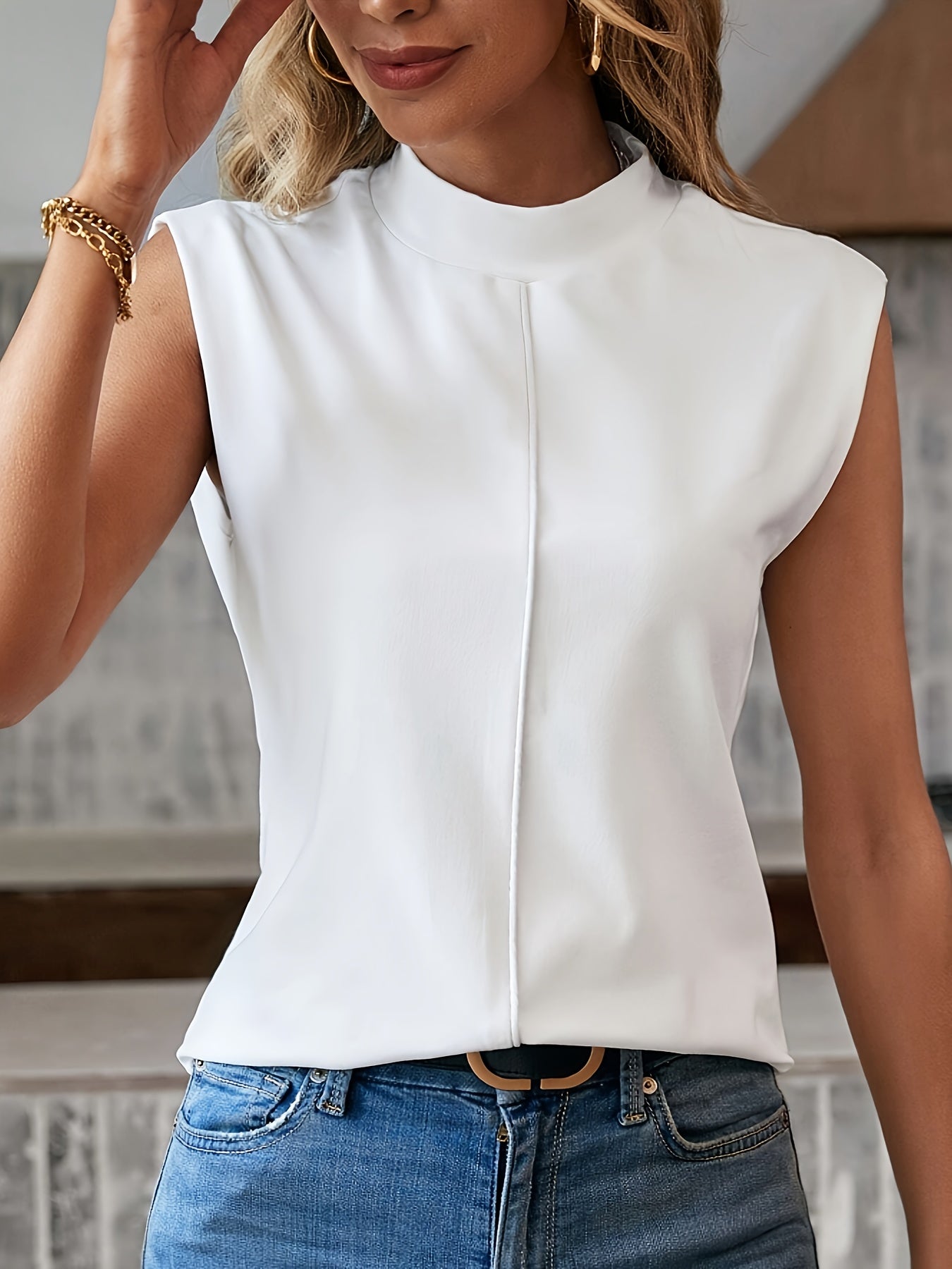 White Sleeveless Blouse with High Collar