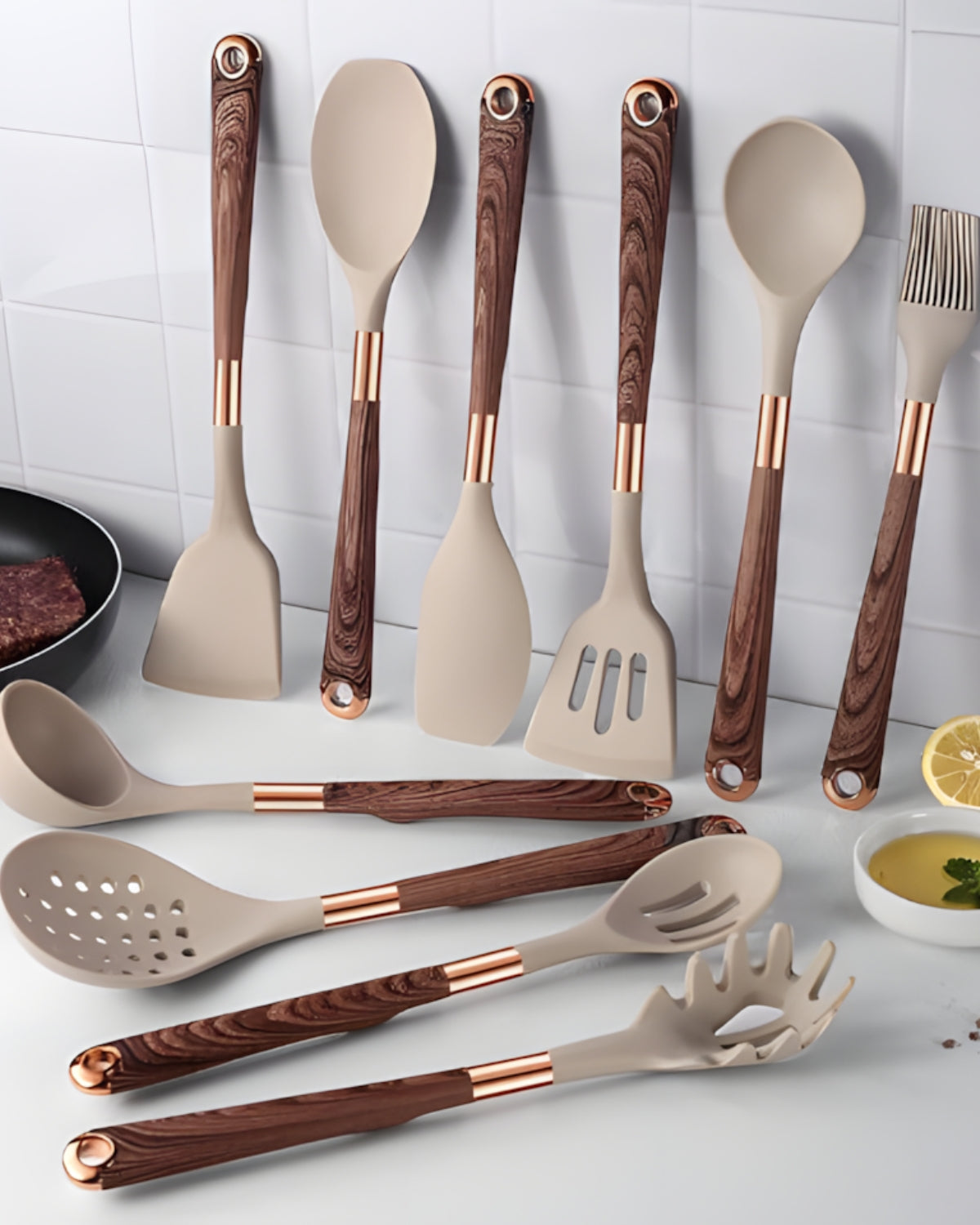 Cuivra Premium Kitchen Utensil Set Nonstick Silicone Heads With Faux Wood Handles For Home Chefs