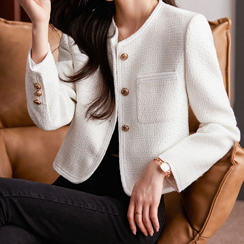 Women’s Blazer – Cropped Tweed – Structured Fit – Round Neck – Button Front
