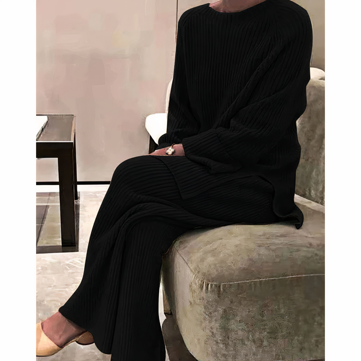 Women's Knitted Set - Soft Rib Knit - Relaxed Fit - Sweater & Wide Pants