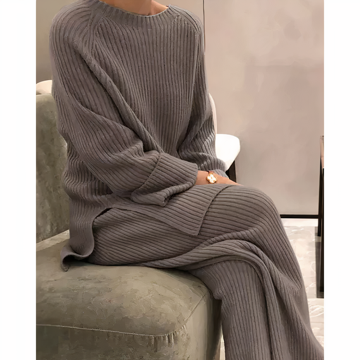 Women's Knitted Set - Soft Rib Knit - Relaxed Fit - Sweater & Wide Pants