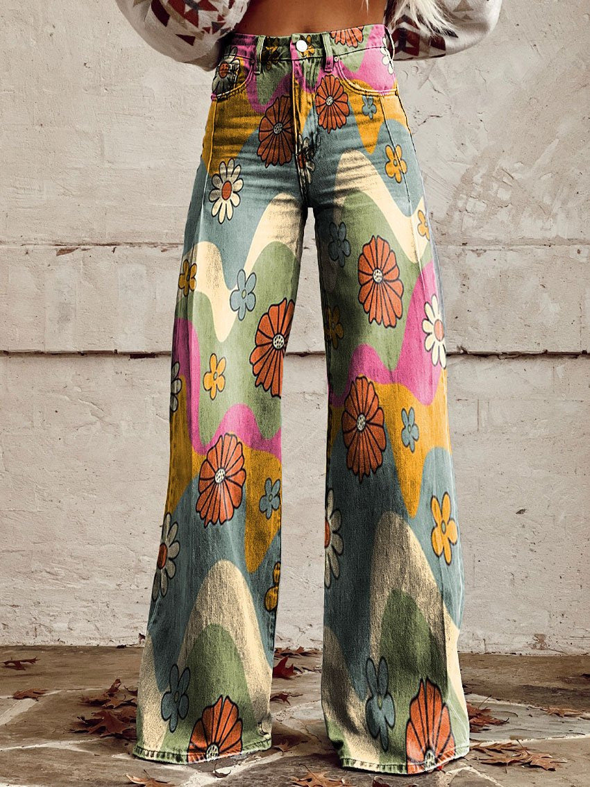 Women's wide-leg jeans | floral pattern, high waist