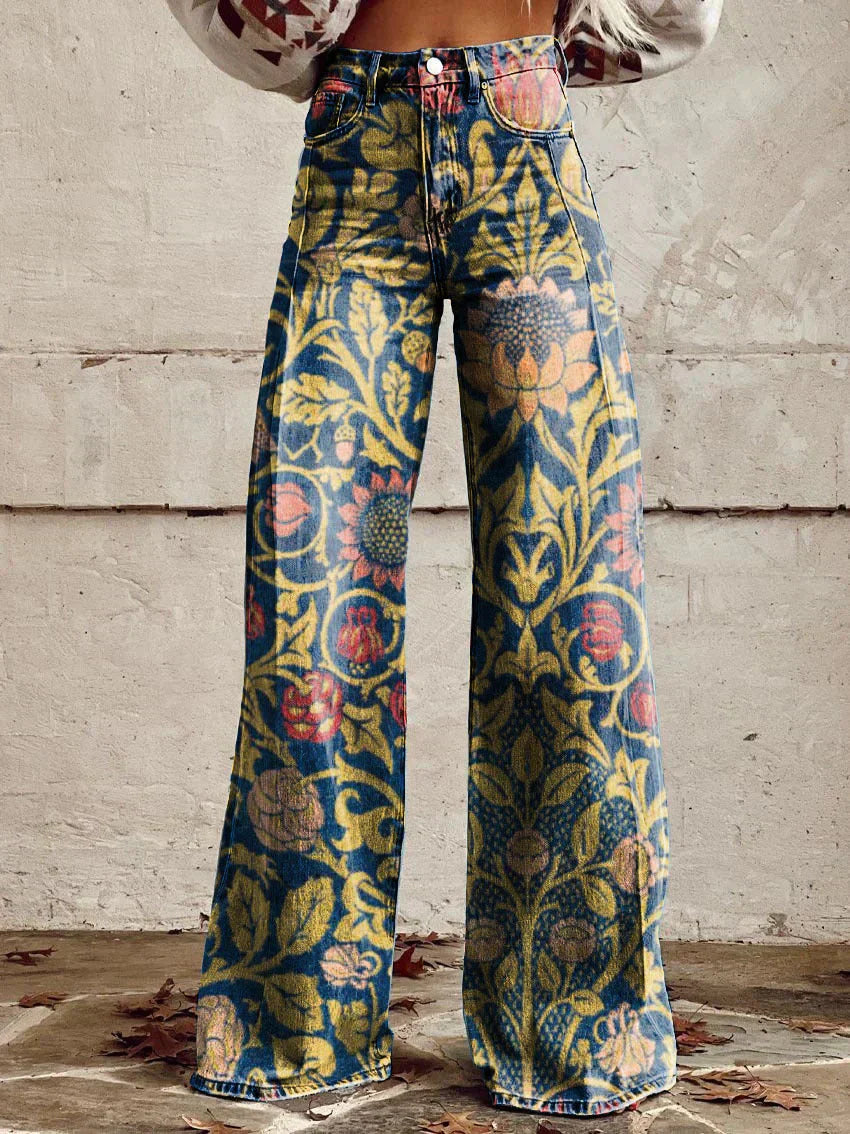 Women's wide-leg jeans | floral pattern, high waist