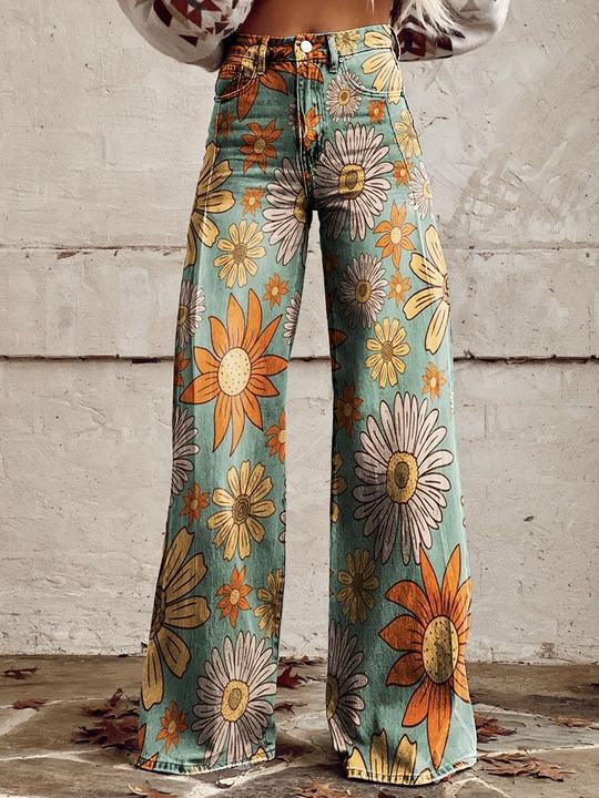 Women's wide-leg jeans | floral pattern, high waist