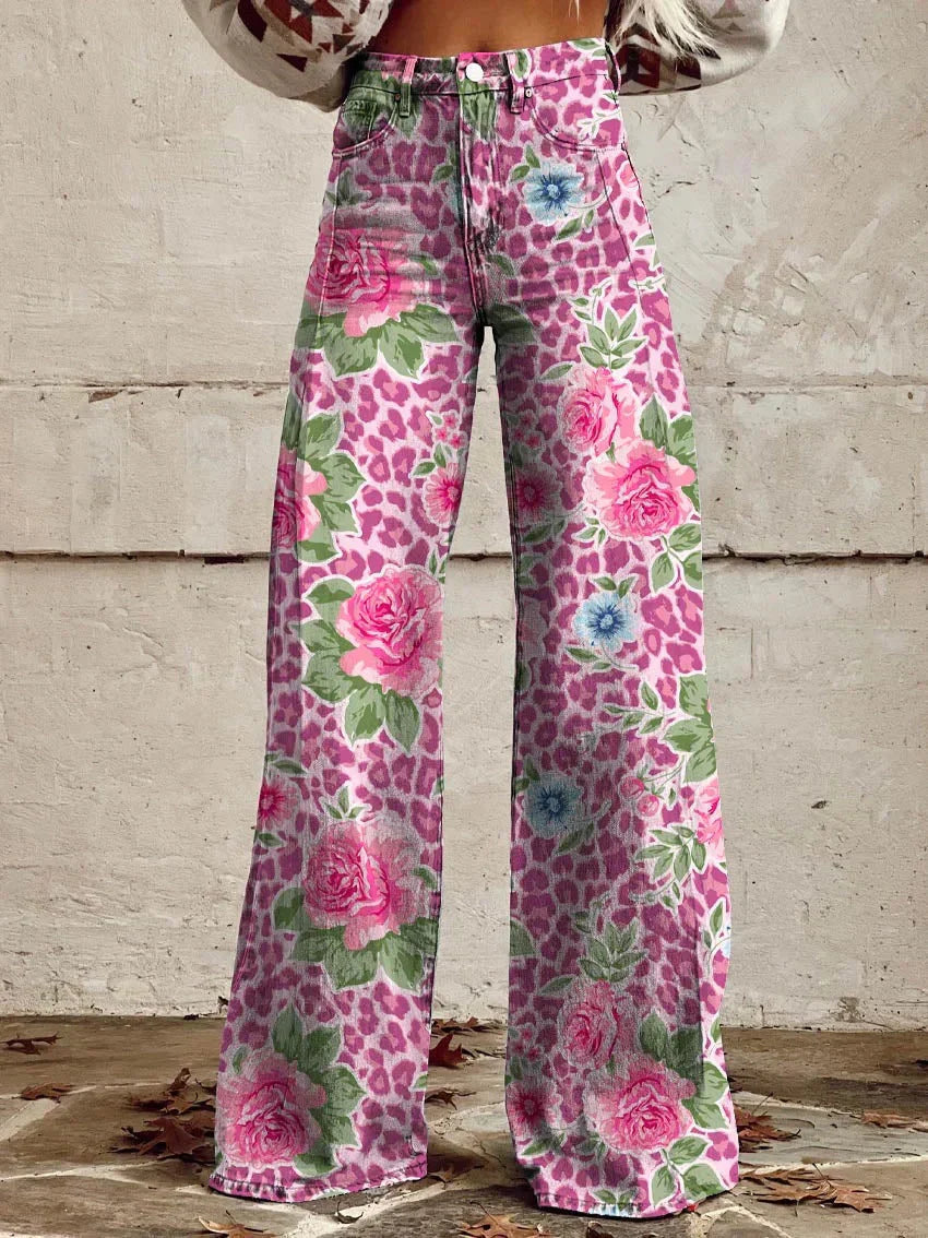 Women's wide-leg jeans | floral pattern, high waist