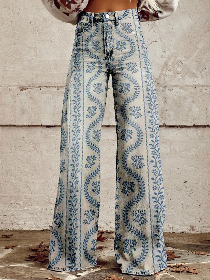 Women's wide-leg jeans | floral pattern, high waist