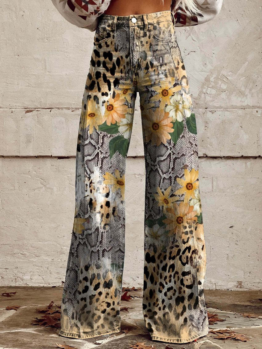 Women's wide-leg jeans | floral pattern, high waist