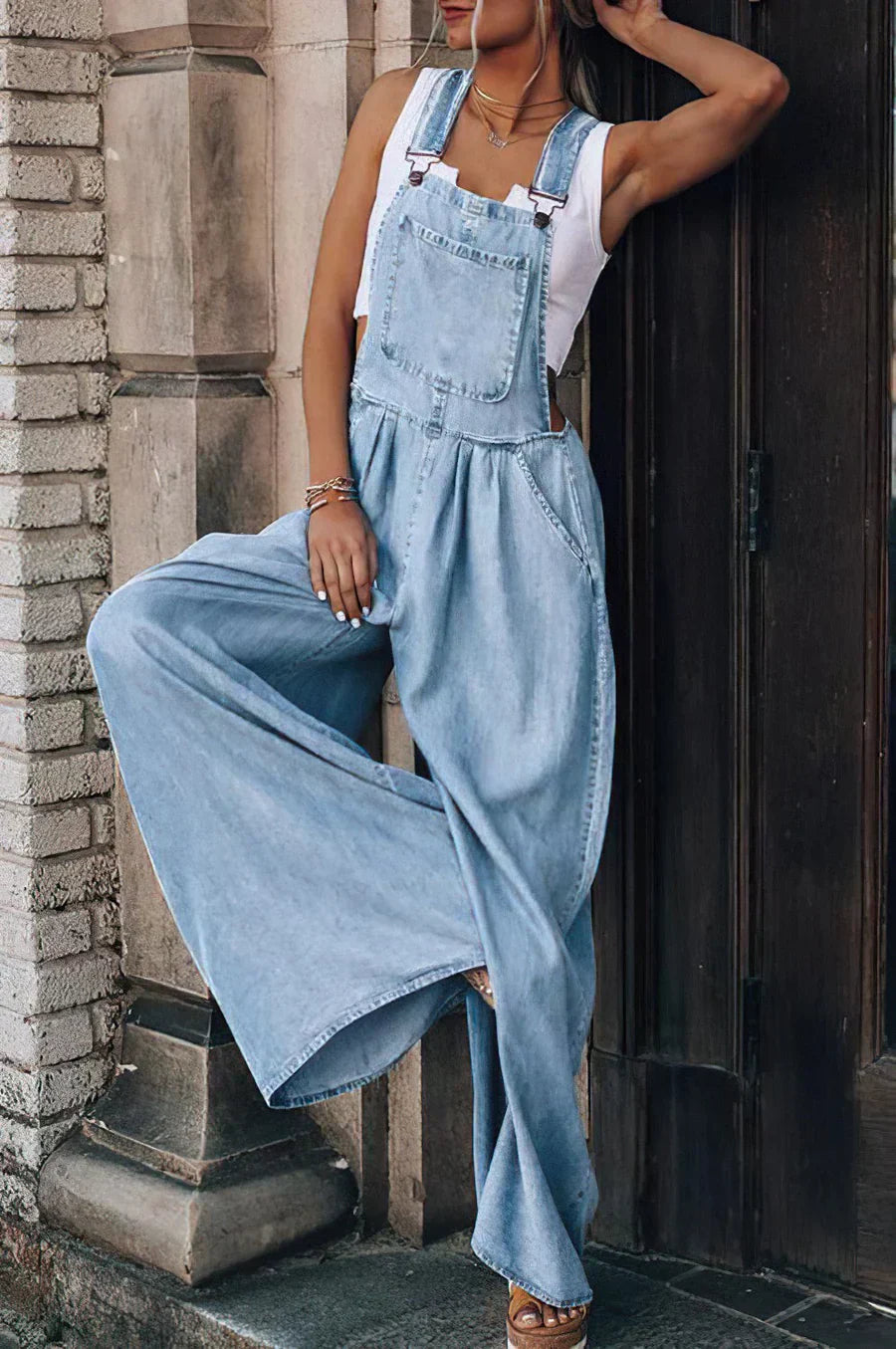 Women's Denim Overalls – Adjustable Straps – High Waist – Wide Leg Comfort