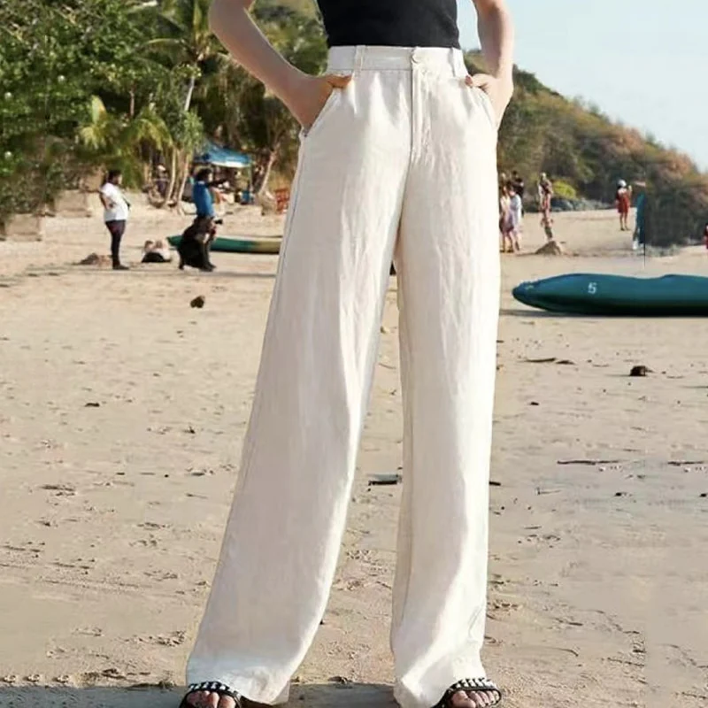 Women's pants - Linen look - High waist - Wide leg - Summer style