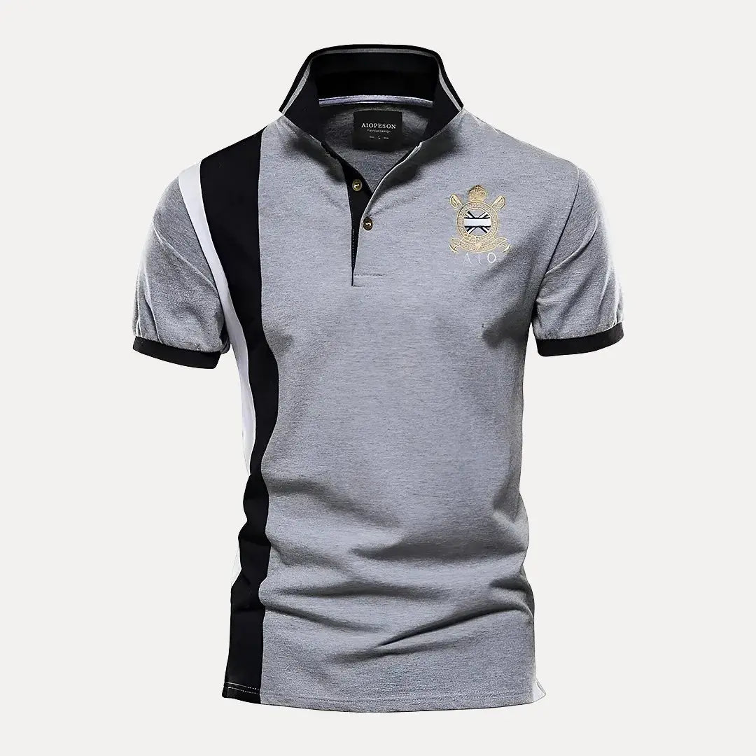 Aaron Men's Premium Royal Polo Shirt With Crest Embroidery Navy And Gold Colorblock Design