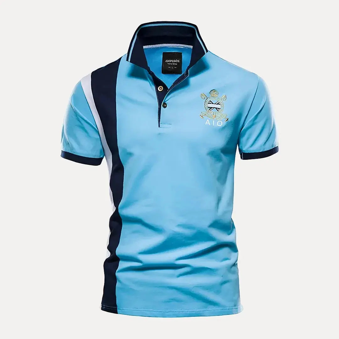 Aaron Men's Premium Royal Polo Shirt With Crest Embroidery Navy And Gold Colorblock Design