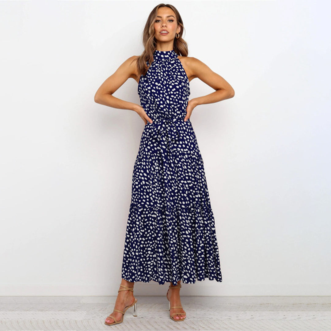 Women's Halterneck Dress - Sleeveless Maxi - Waistband - Polka-Dotted Elegant Look