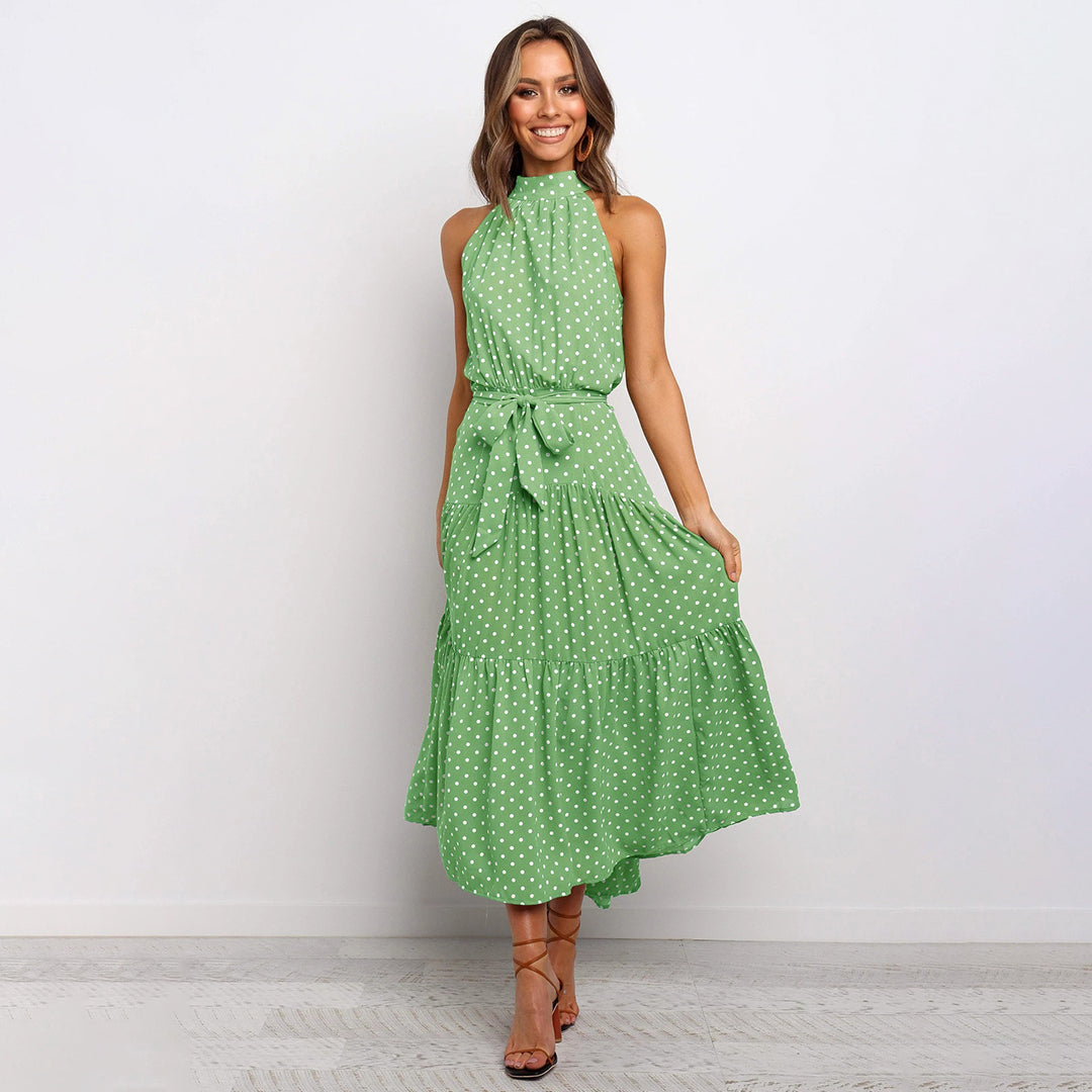 Women's Halterneck Dress - Sleeveless Maxi - Waistband - Polka-Dotted Elegant Look