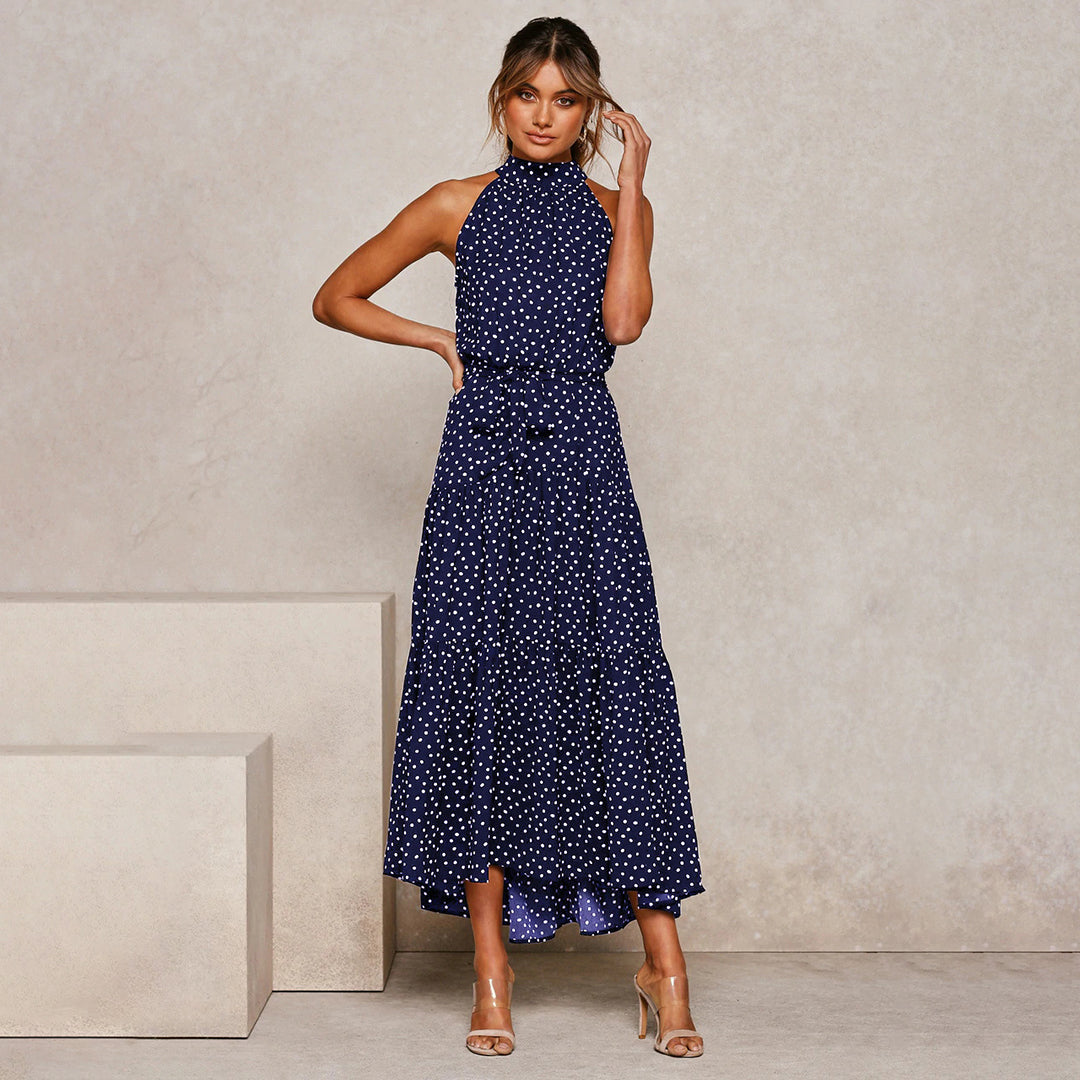 Women's Halterneck Dress - Sleeveless Maxi - Waistband - Polka-Dotted Elegant Look