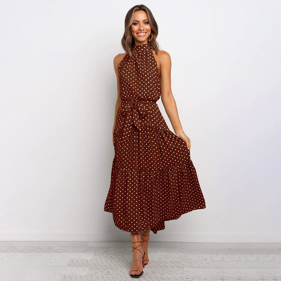Women's Halterneck Dress - Sleeveless Maxi - Waistband - Polka-Dotted Elegant Look
