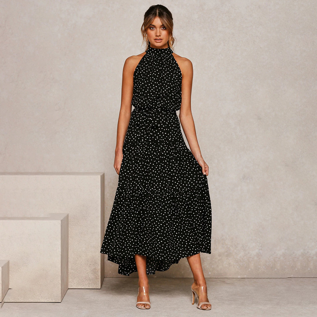 Women's Halterneck Dress - Sleeveless Maxi - Waistband - Polka-Dotted Elegant Look