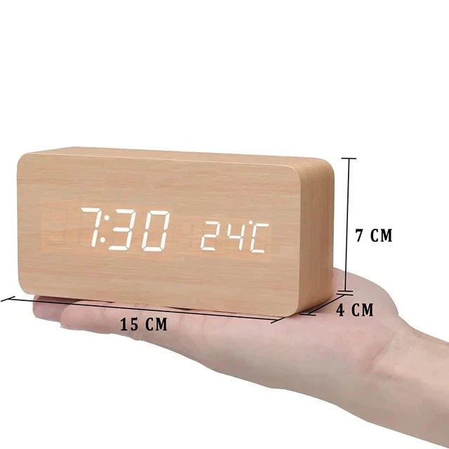 Wooden digital alarm clock - LED display, voice control, adjustable brightness