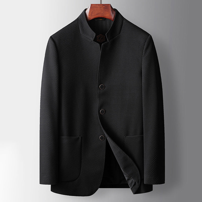 Men's Blazer Tailored Fit Wool Blend Mandarin Collar Single Breasted Formal Jacket For Modern Office Wear