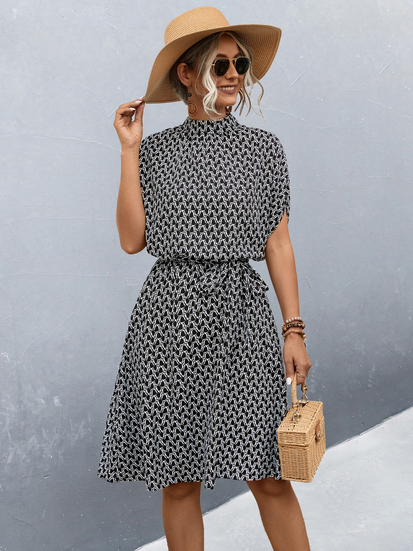 Allover Print Belted Dress For Women With Adjustable Belt