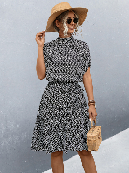 Allover Print Belted Dress For Women With Adjustable Belt