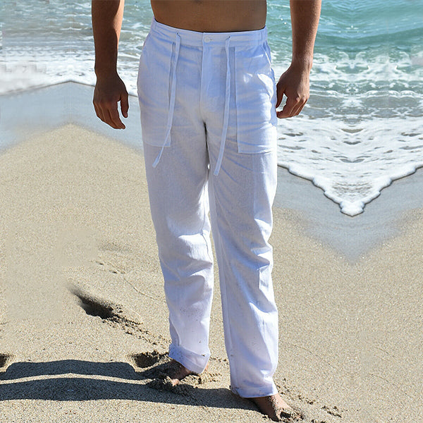 Men's Summer Linen Pants With Flat Belt-Loop Waist For Loose Fit Straight Leg And Breathable Comfort