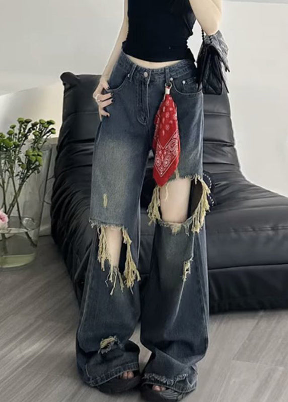 Pantalon large en denim déchiré bleu taille haute de style américain pour l'automne - TrendAura