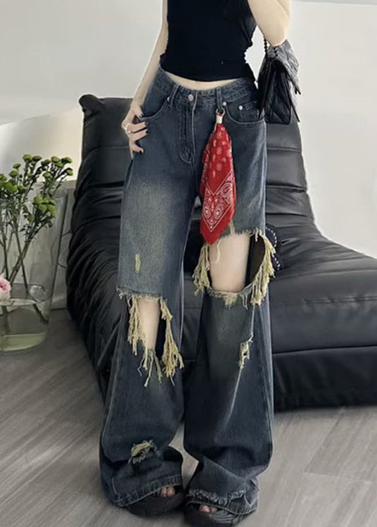 Pantalon large en denim déchiré bleu taille haute de style américain pour l'automne - TrendAura