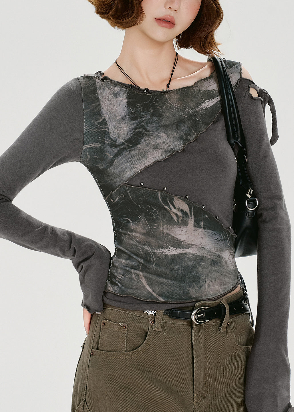 T-shirt en coton patchwork gris style américain deux pièces pour l'automne - TrendAura