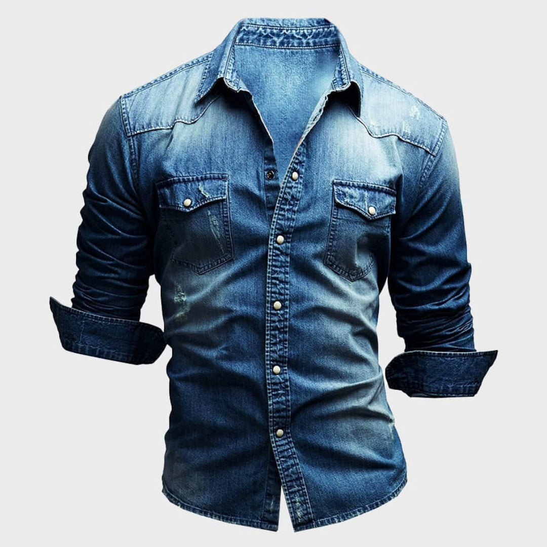 Anthony Classic Western Denim Shirt For Men Slim Fit Distressed Light Wash With Dual Chest Pockets And Snap Buttons